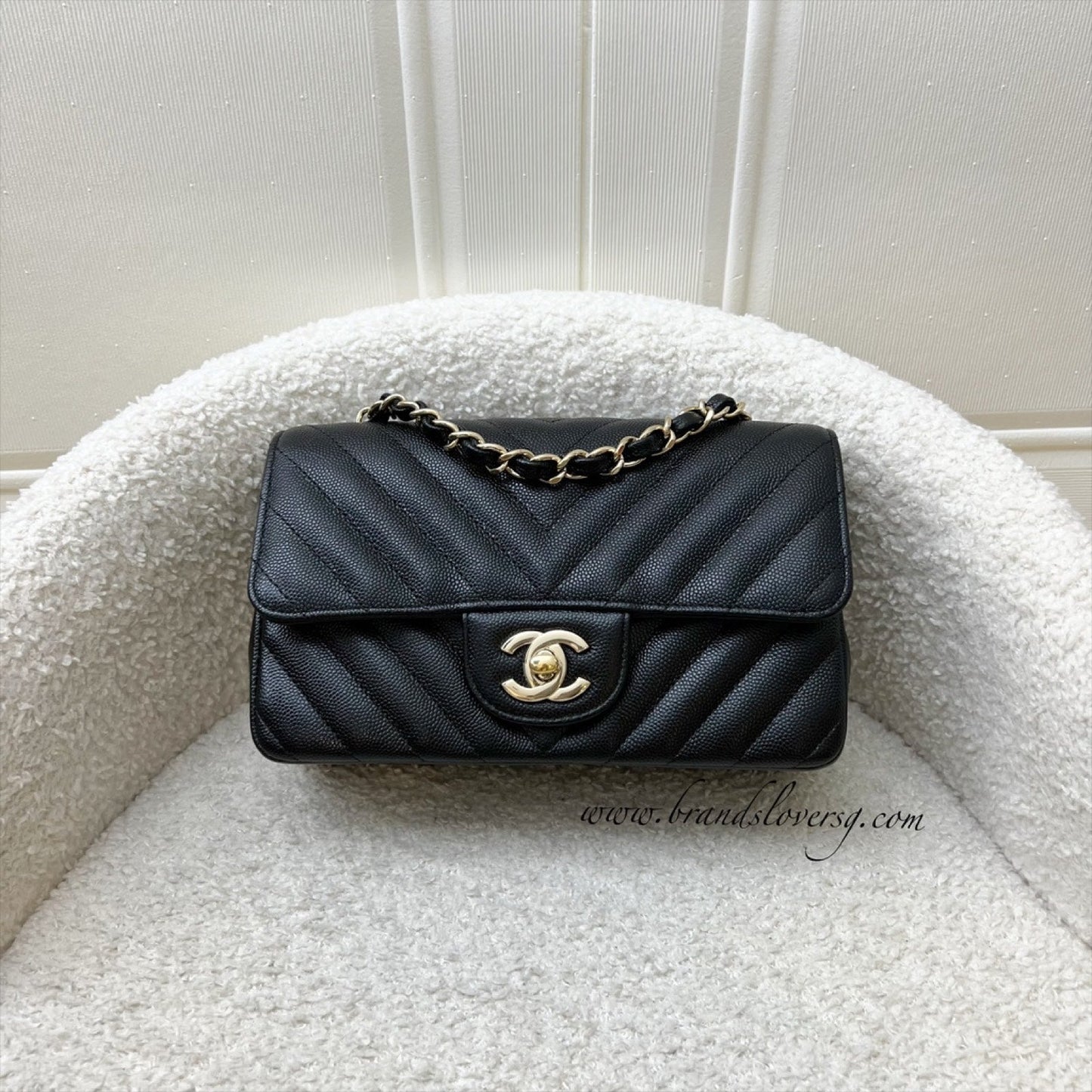 Chanel Classic Mini Rectangle Flap in Chevron Quilted Black Caviar and LGHW
