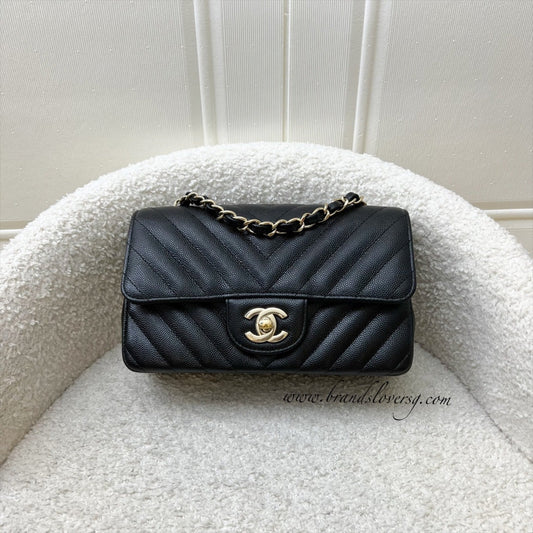 Chanel Classic Mini Rectangle Flap in Chevron Quilted Black Caviar and LGHW