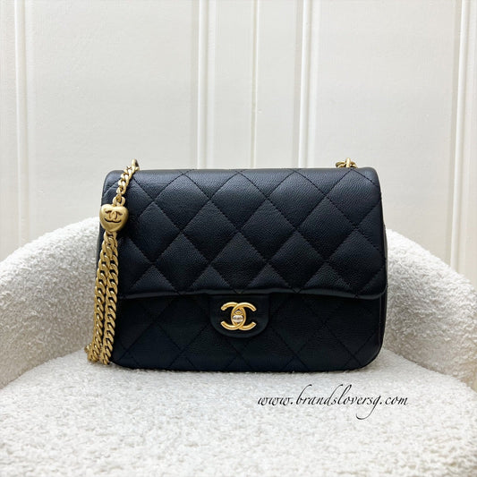 Chanel 23P / 24P Heart Adjustable Chain Small / Medium 24cm Flap Bag in Black Caviar AGHW (Model: AS3921)