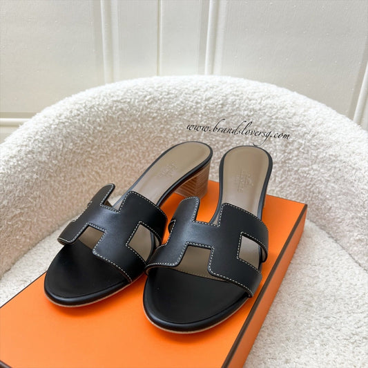Hermes Oasis Sandals in Noir Black Calfskin Sz 36