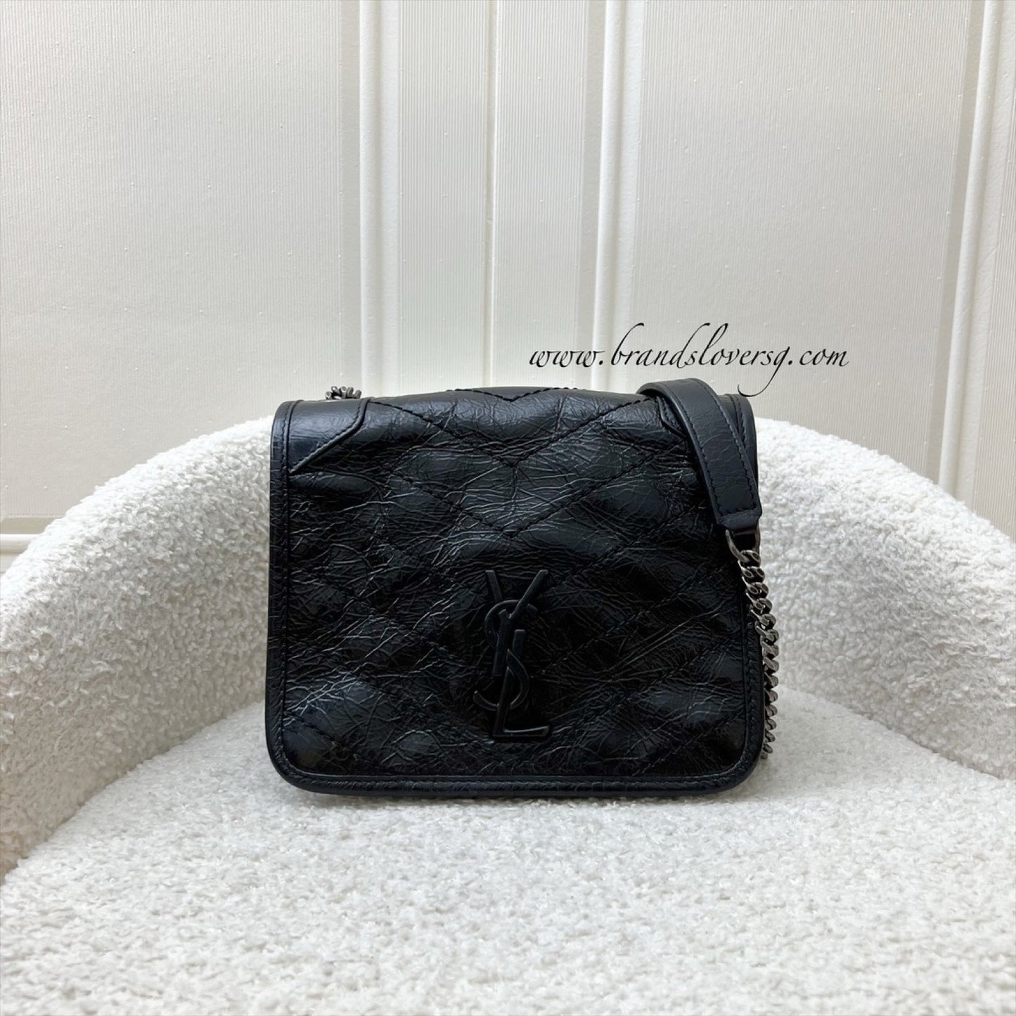 Saint Laurent YSL Niki Wallet on Chain WOC in Black Vintage Crinkled Calfskin and RHW