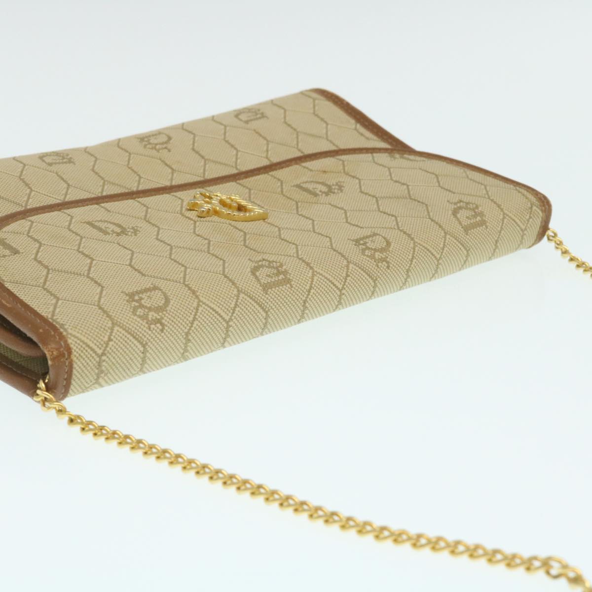 CHRISTIAN DIOR Honeycomb Chain Shoulder Bag Canvas Beige Auth am2250g