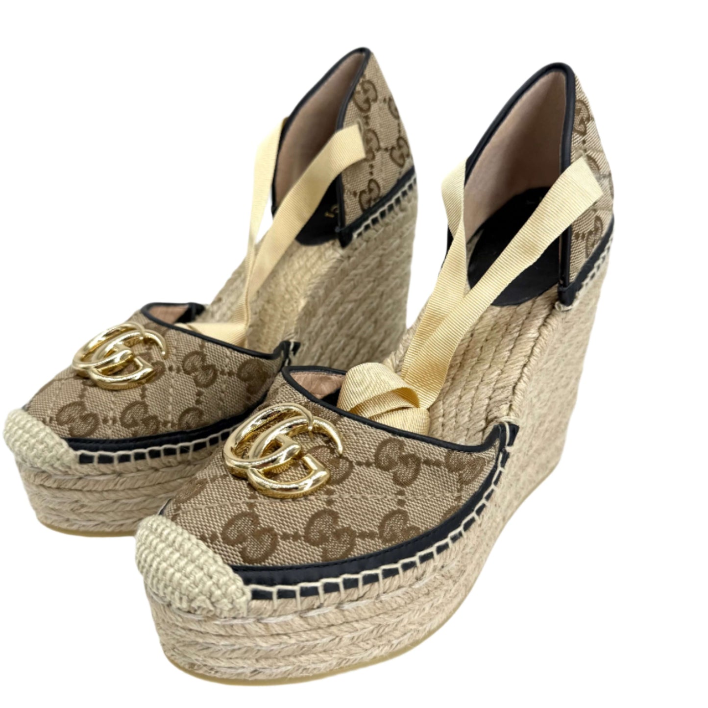Gucci GG Marmont Monogram Matelassé Espadrille Wedges – Beige, Ebony & Sand Storm (Size 36)