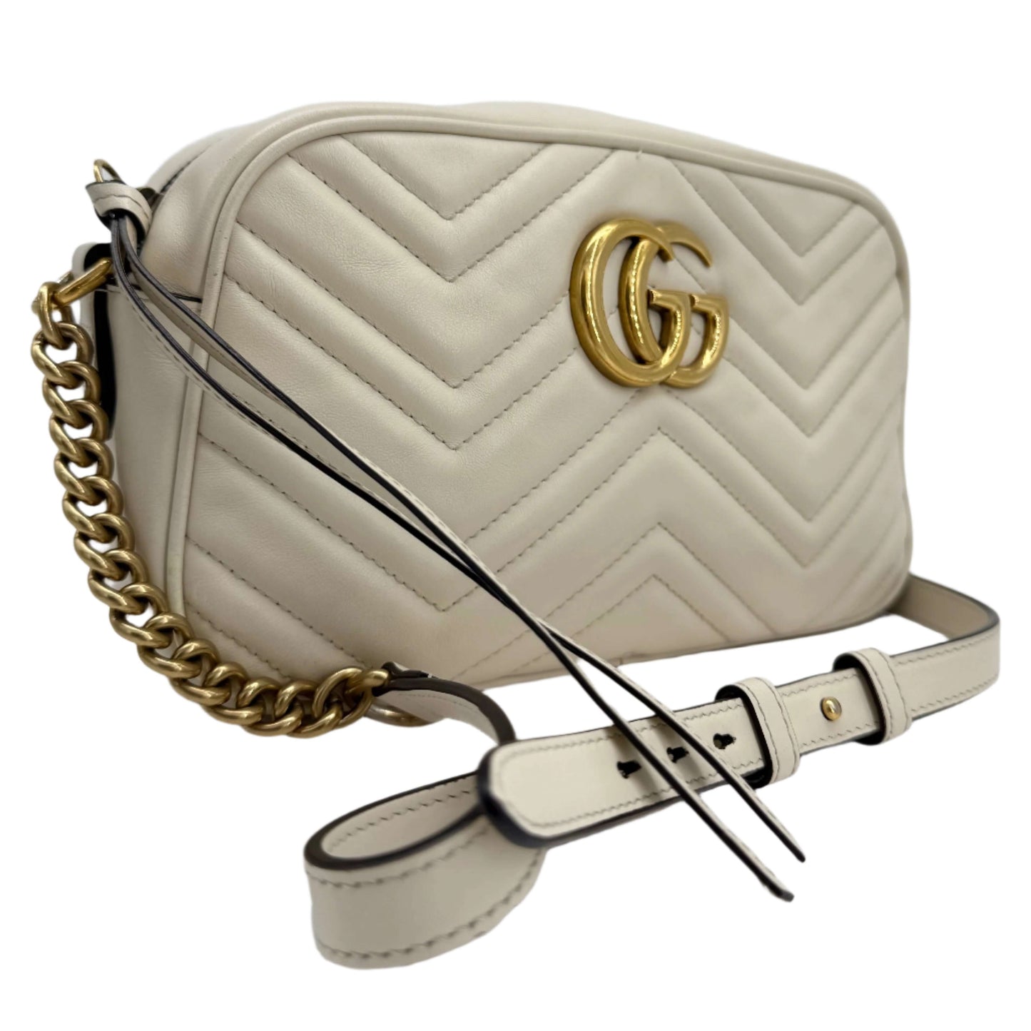 Gucci GG Marmont Small Shoulder Bag – White Matelassé Calfskin with Antiqued Gold Chain