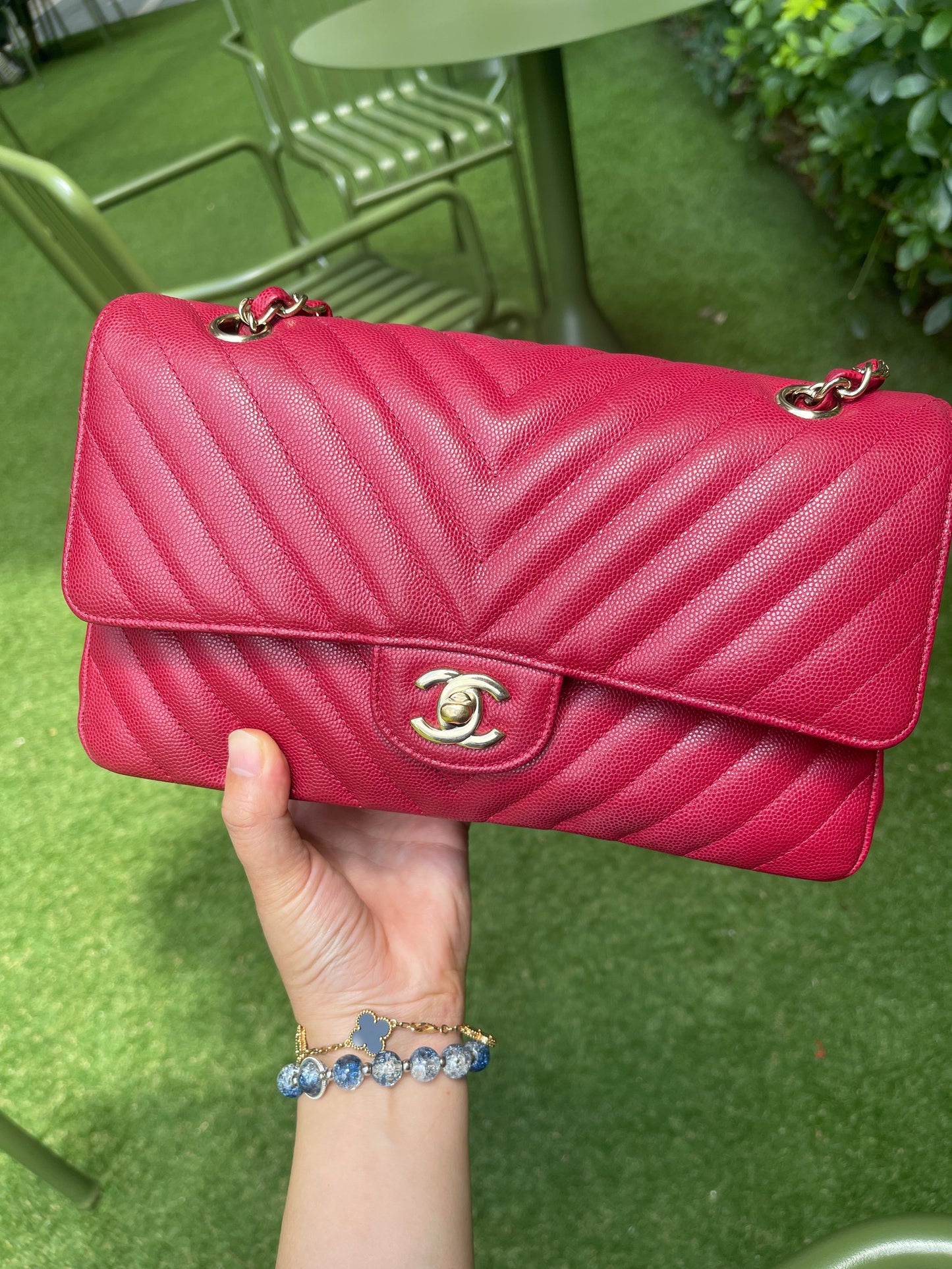 Chanel Medium Chevron Rosy Red Caviar Gold Hardware 18B