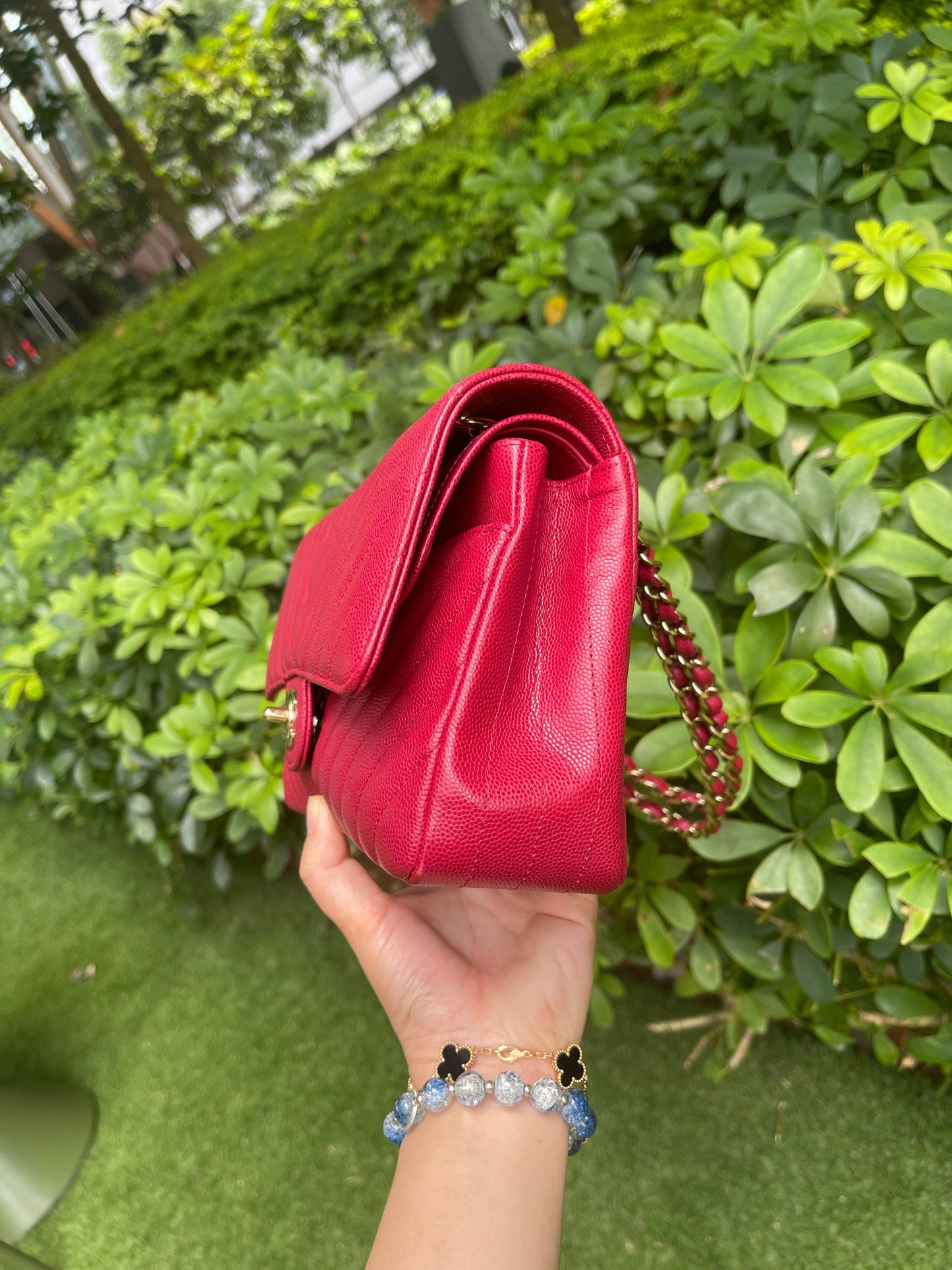 Chanel Medium Chevron Rosy Red Caviar Gold Hardware 18B