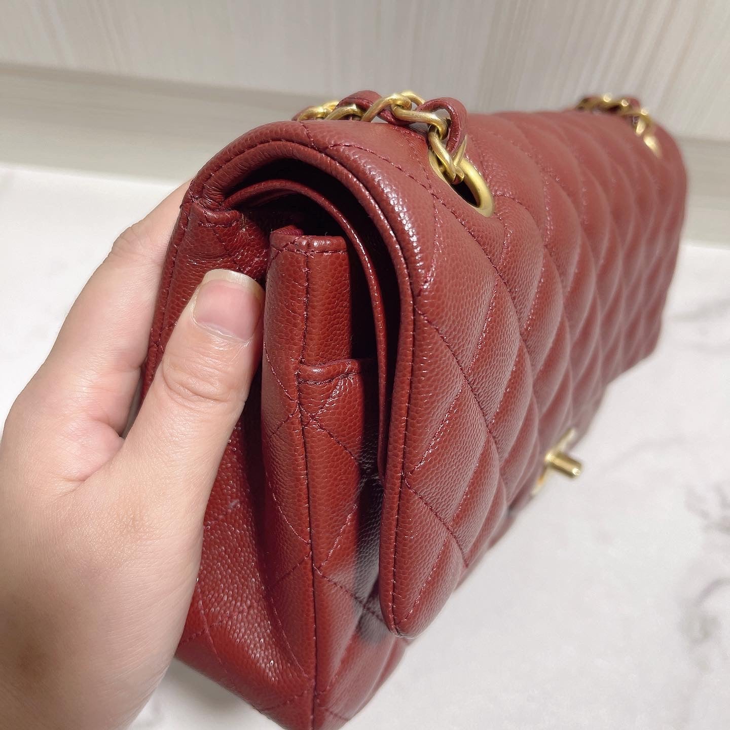 Chanel Medium Classic Quilted Flap Iridescent Burgundy Caviar Aged Gold Hardware 18C