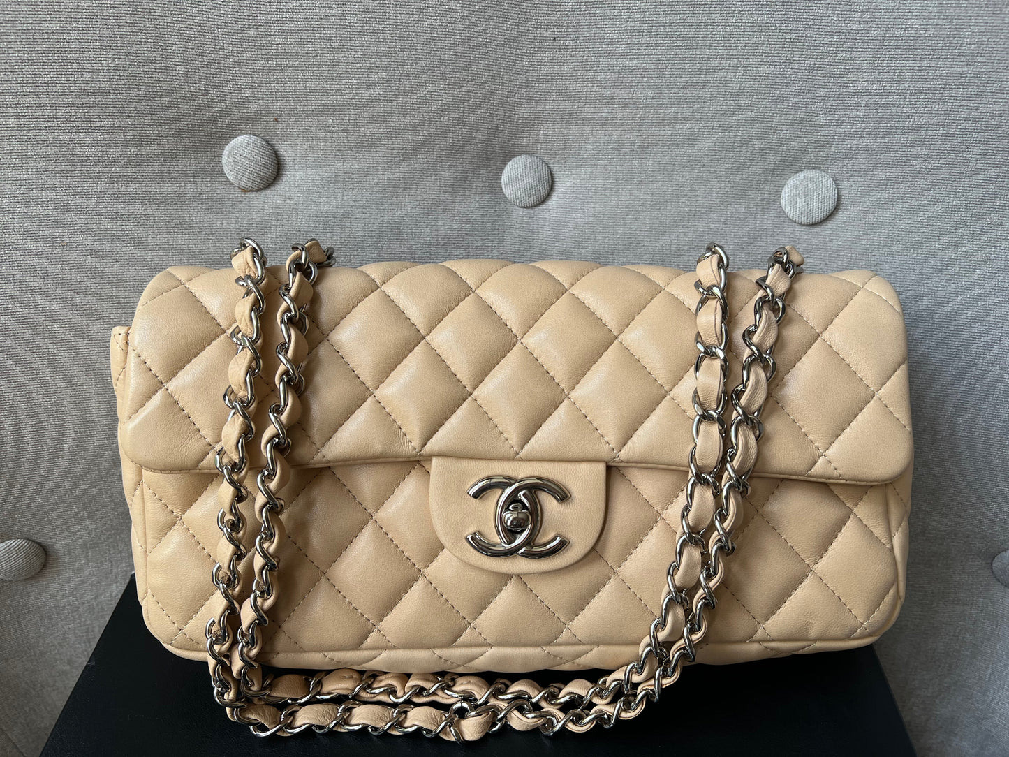 Chanel East West Flap in Light Beige Lambskin Silver Hardware