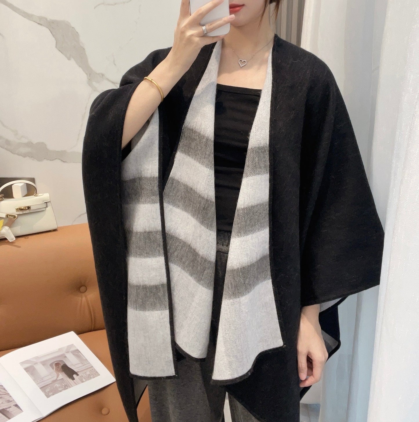 WOOL CAPE 140 CM BLACK AND LIGHT GRAY 394535