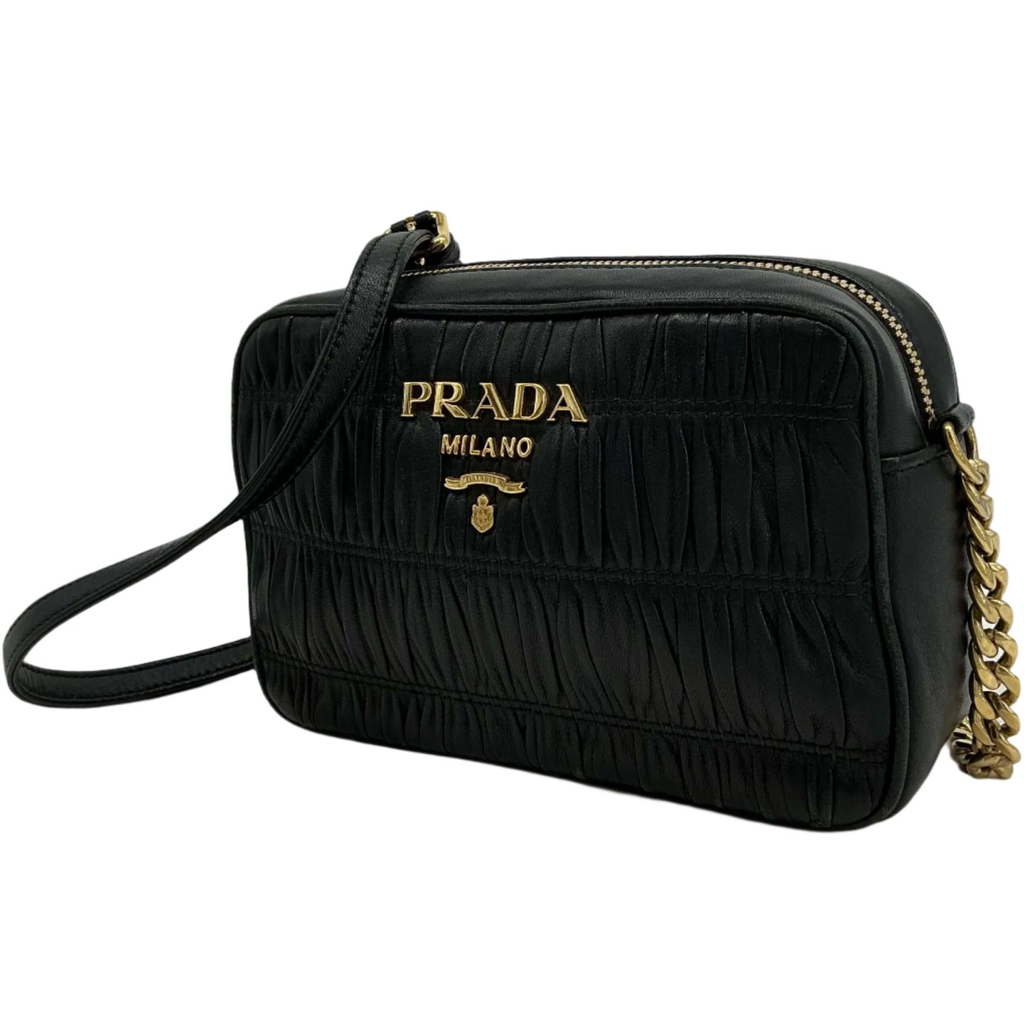Prada Nappa Gaufre Camera Bag – Black Pleated Lambskin Leather