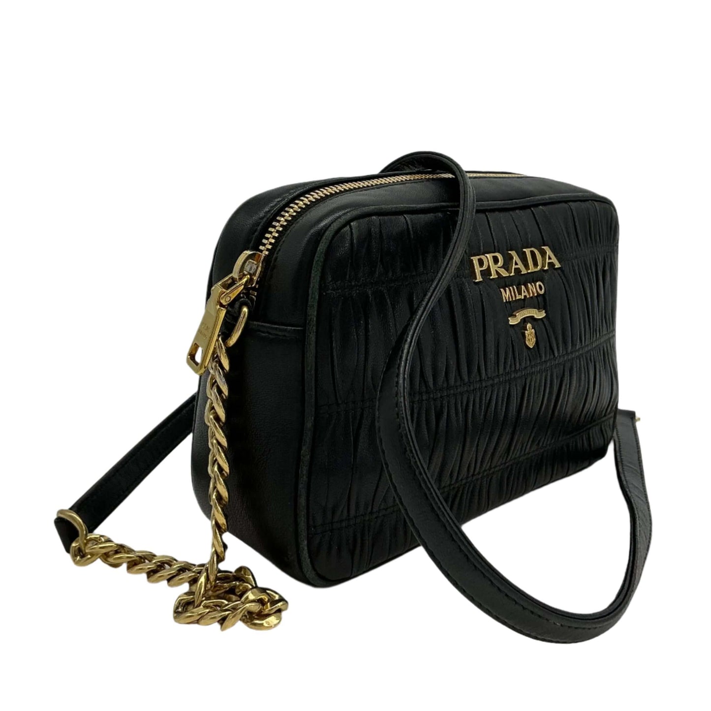 Prada Nappa Gaufre Camera Bag – Black Pleated Lambskin Leather