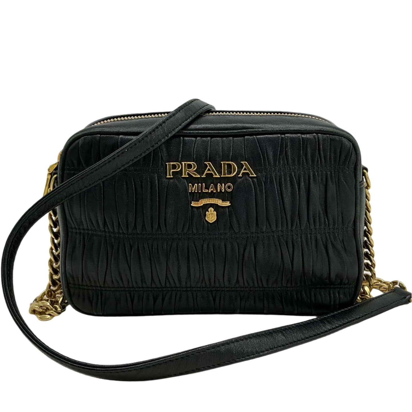 Prada Nappa Gaufre Camera Bag – Black Pleated Lambskin Leather