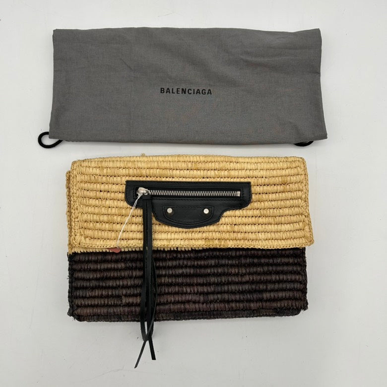 Balenciaga Braid Clutch Wristlet Natural Black Woven Medium