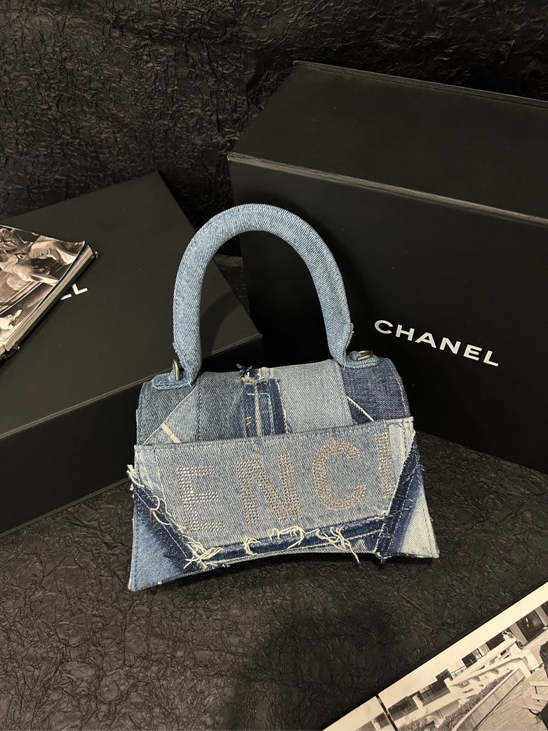 Balenciaga Hourglass Small Denim Patchwork Bag - Blue Shoulder Bag