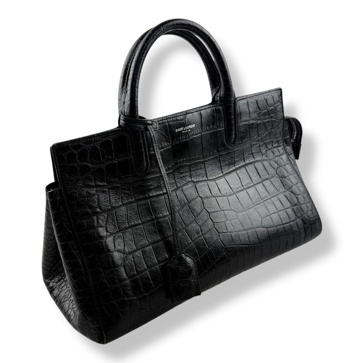 Saint Laurent Calfskin Black Croc Embossed Leather Small Cabas Handbag