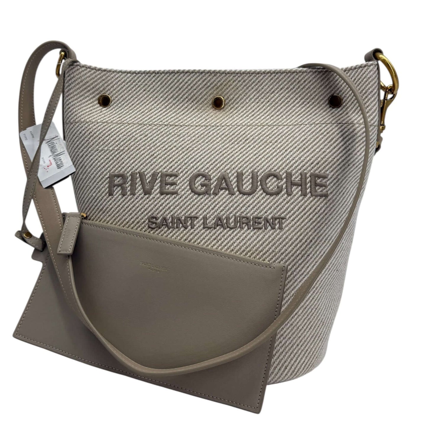 Saint Laurent Rive Gauche Linen & Calfskin Bucket Bag – Beige