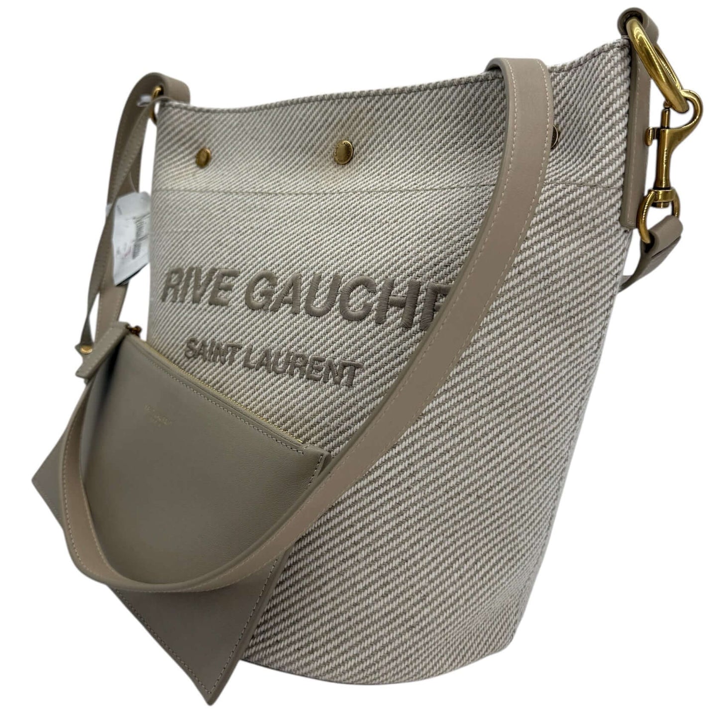 Saint Laurent Rive Gauche Linen & Calfskin Bucket Bag – Beige