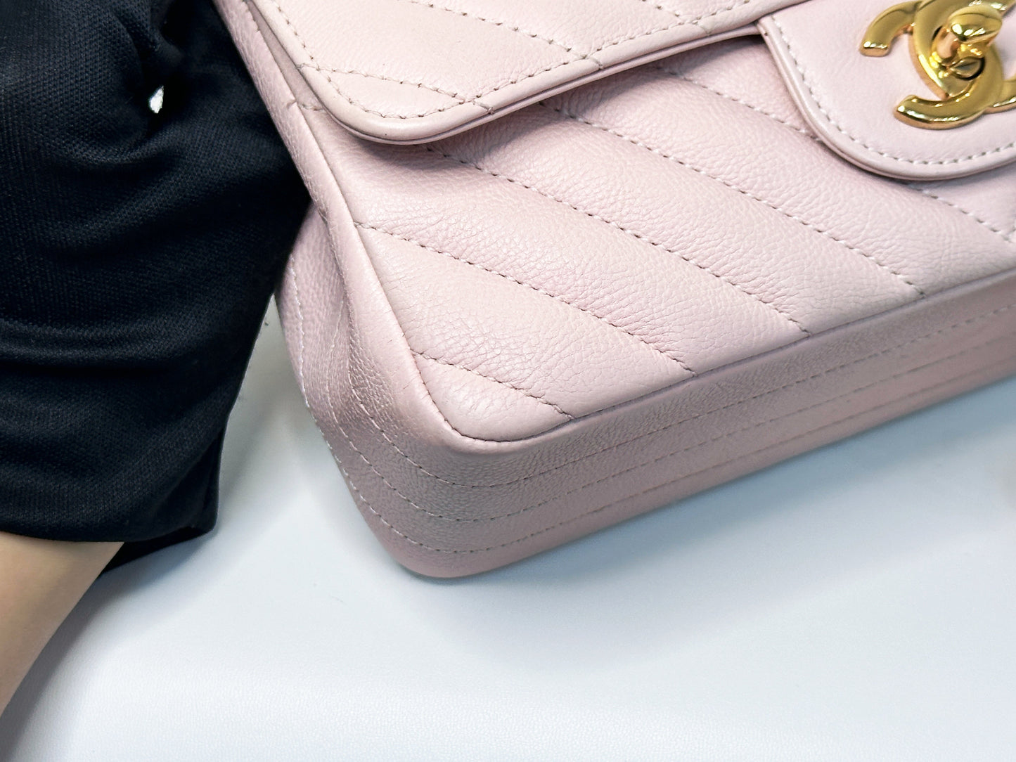 Chanel Classic Mini Rectangular 17C Light Pink Chevron Calfskin with brushed gold hardware ⁣⁣2383 holo card