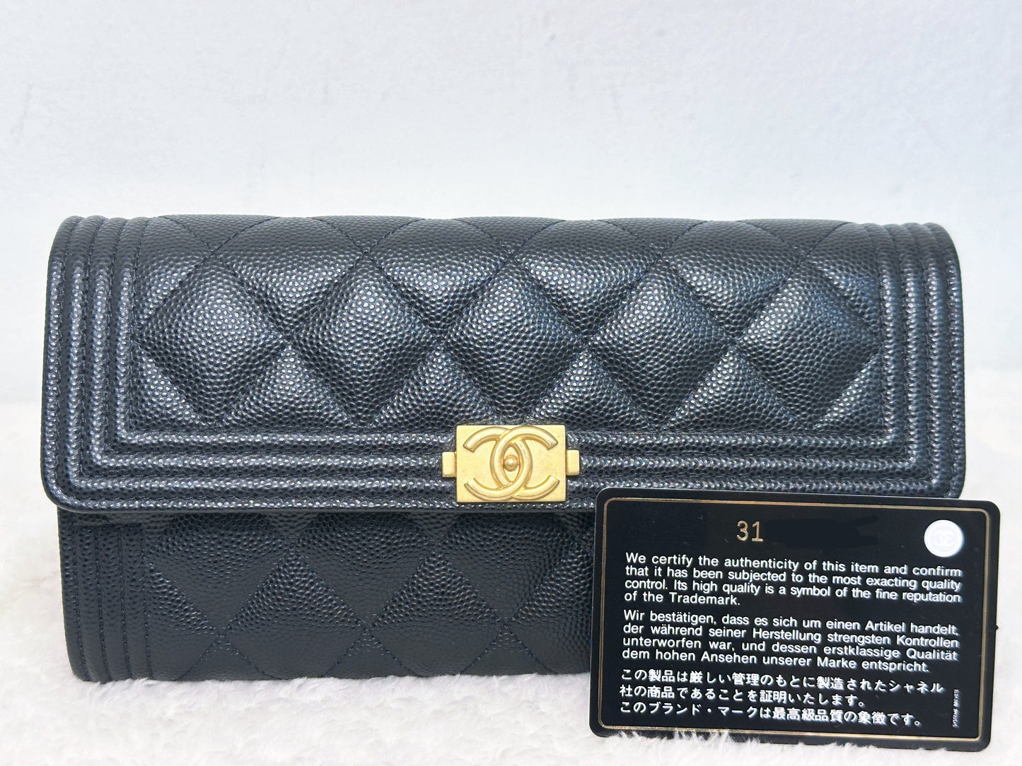 CHANEL Black Quilted Caviar Large Boy Gusset Flap Wallet 3199 holo card