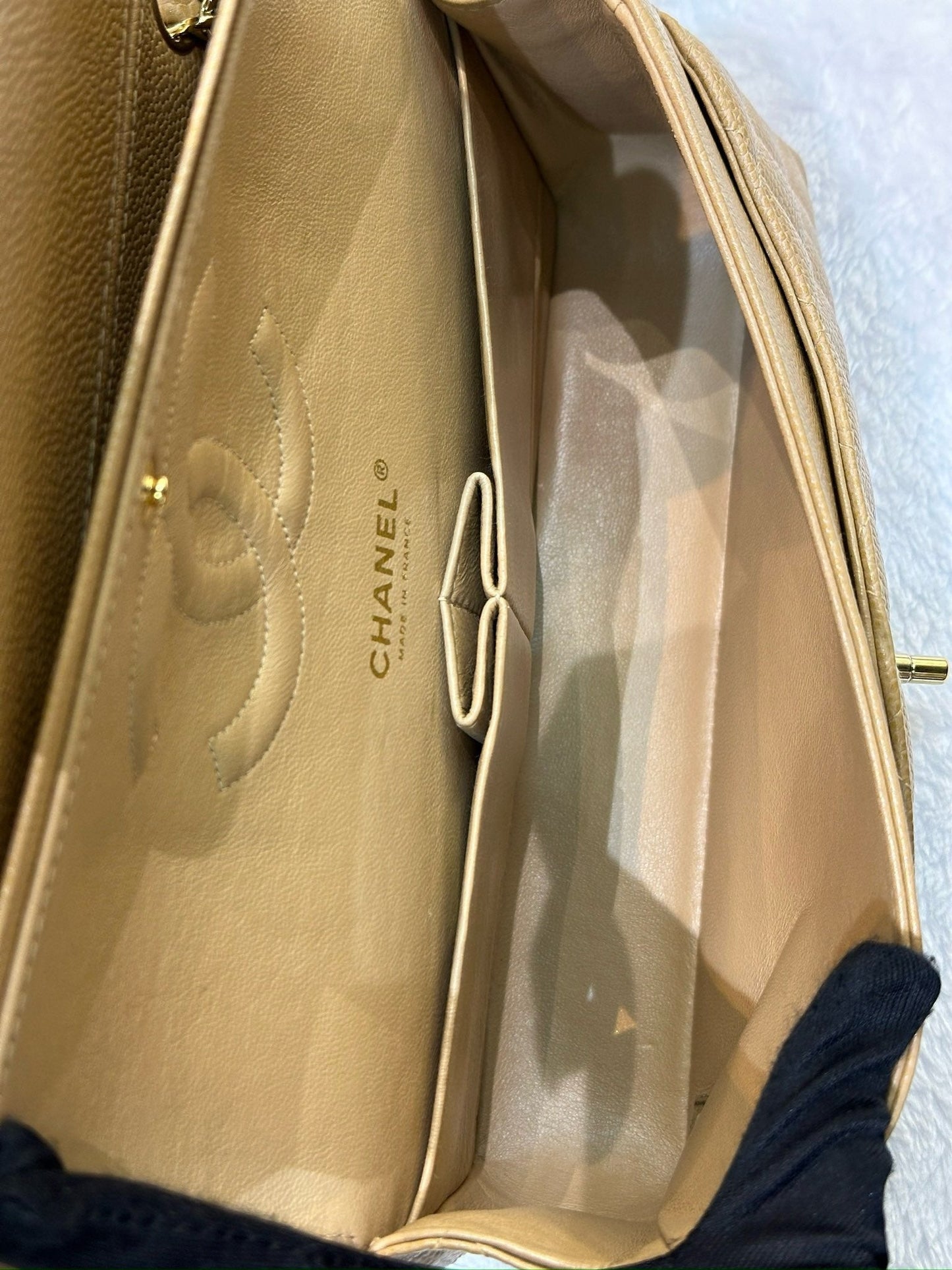 Chanel Medium Caviar Quilted Double Flap Beige Bag 866 Holo