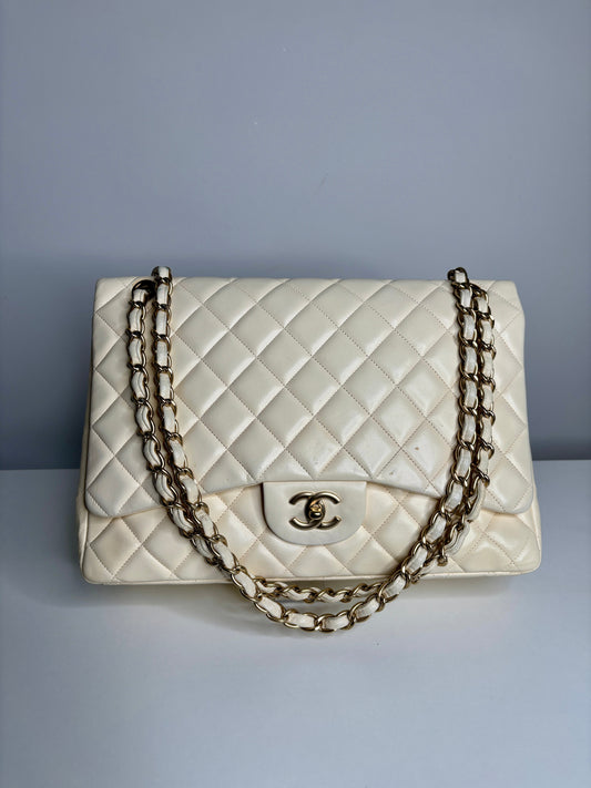 Chanel Classic Maxi Cream Calfskin Shoulder Flap Bag - Preloved