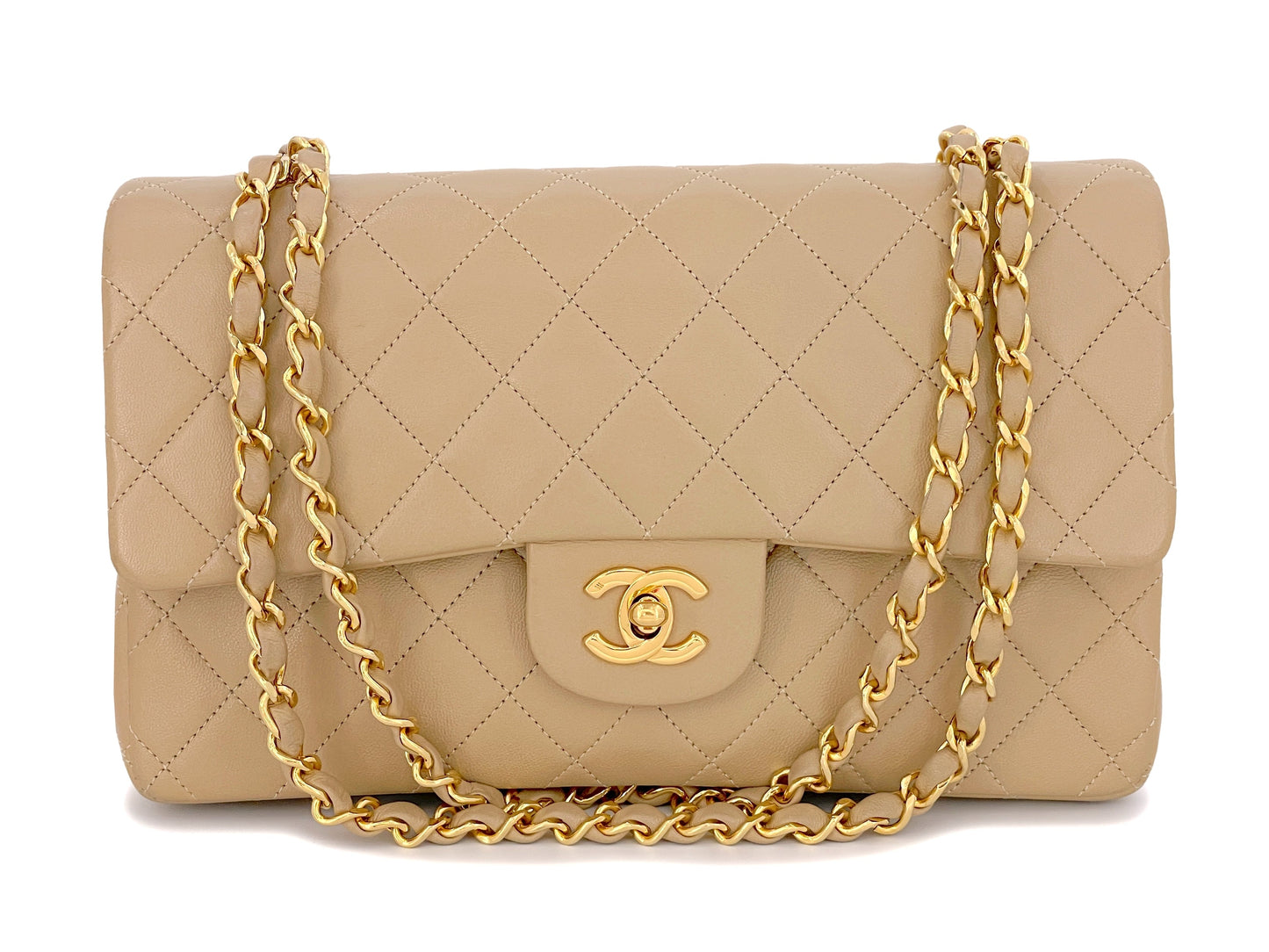 Chanel 1991 Vintage Beige Medium Classic Double Flap Bag 24k GHW