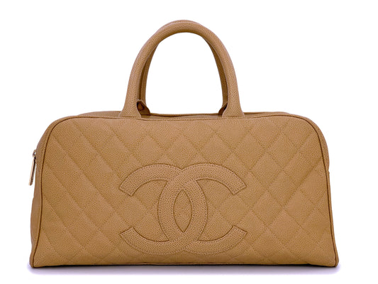 Chanel Caramel Beige Caviar XL Large Bowler Duffle Bag