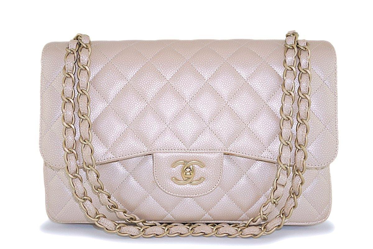 Rare Chanel 12P Pearly Beige-Rose Caviar Jumbo Double Flap Bag Brushed Gold