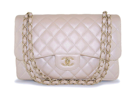 Rare Chanel 12P Pearly Beige-Rose Caviar Jumbo Double Flap Bag Brushed Gold