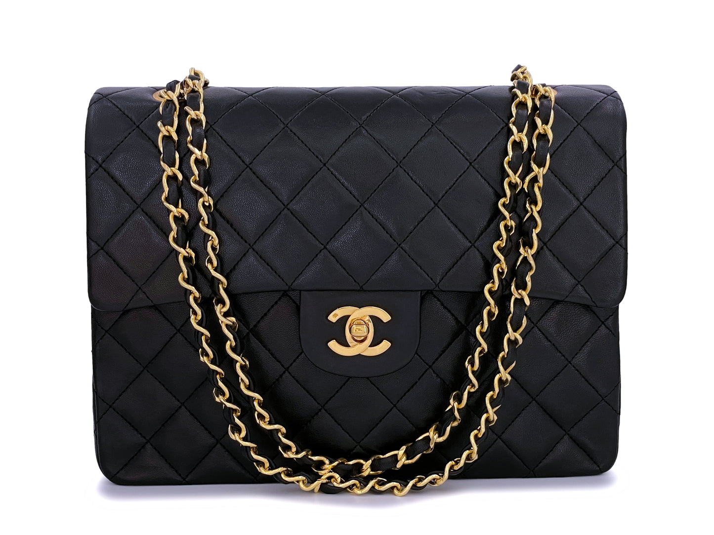 Chanel 1989 Vintage Black Tall Medium Classic Double Flap Bag 24k GHW Lambskin