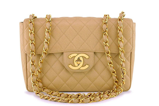 Chanel Vintage Caviar Camel Beige Jumbo Classic Flap Bag 24k GHW