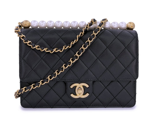 Pristine Chanel 19S Black Lambskin Chic Pearls Flap Bag GHW