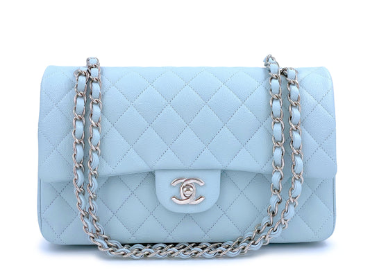 NIB 21K Chanel Light Pale Blue Caviar Classic Medium Double Flap Bag SHW