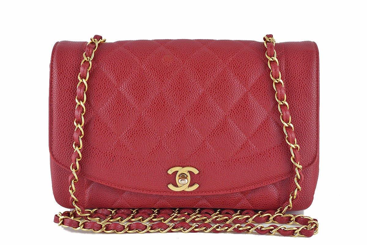 Chanel 10in. Red Caviar Vintage Quilted Classic "Diana" Flap Bag