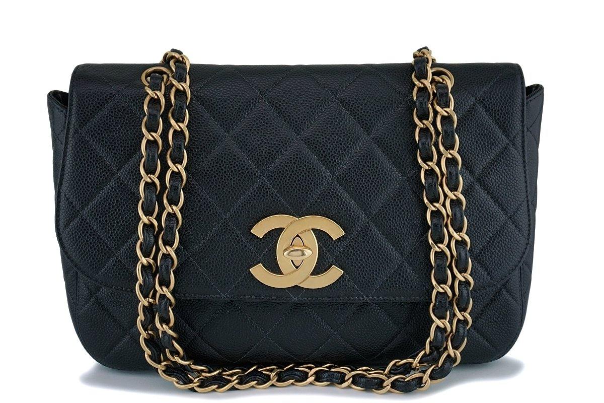 Rare Chanel Vintage Black Caviar Flap with Classic Jumbo CCs Bag GHW