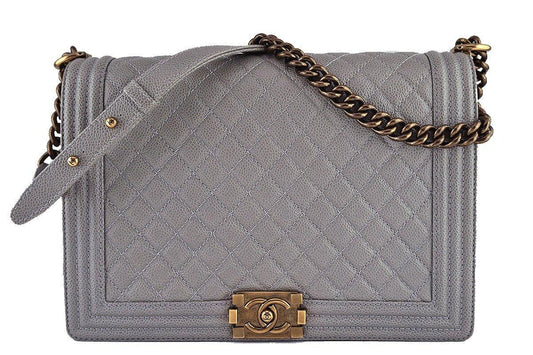 Chanel Taupe Gray Caviar Large "Jumbo" Boy Classic Flap Bag WB8