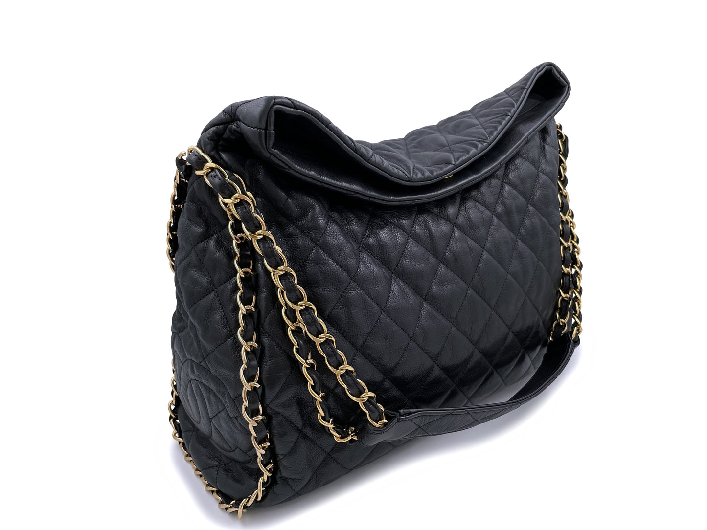 Chanel Black Quilted Chain Around Soft Hobo Tote Bag Large 403