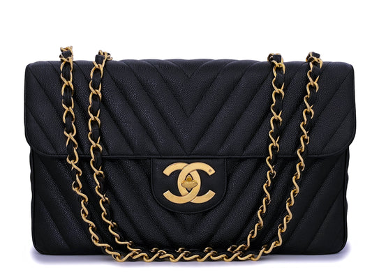 Chanel Vintage Caviar Maxi "Jumbo XL" Chevron Classic Flap Bag 24k GHW