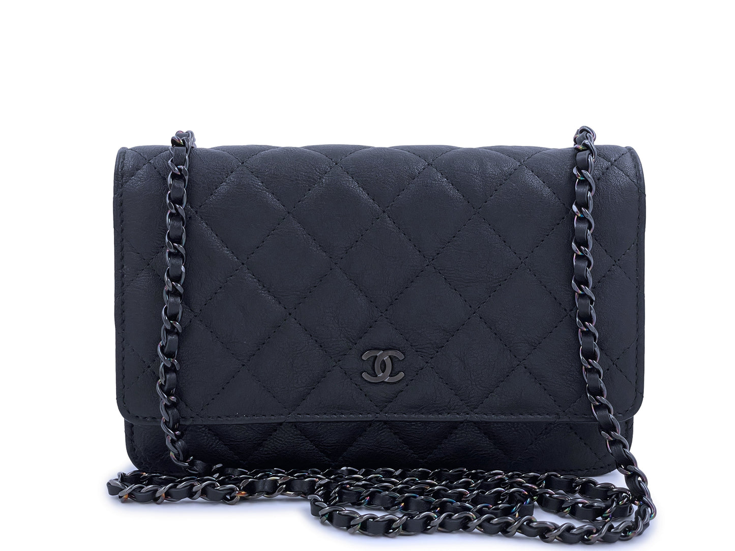 NIB 17S Chanel So Black Classic WOC Wallet on Chain Flap Bag Crumpled Calfskin
