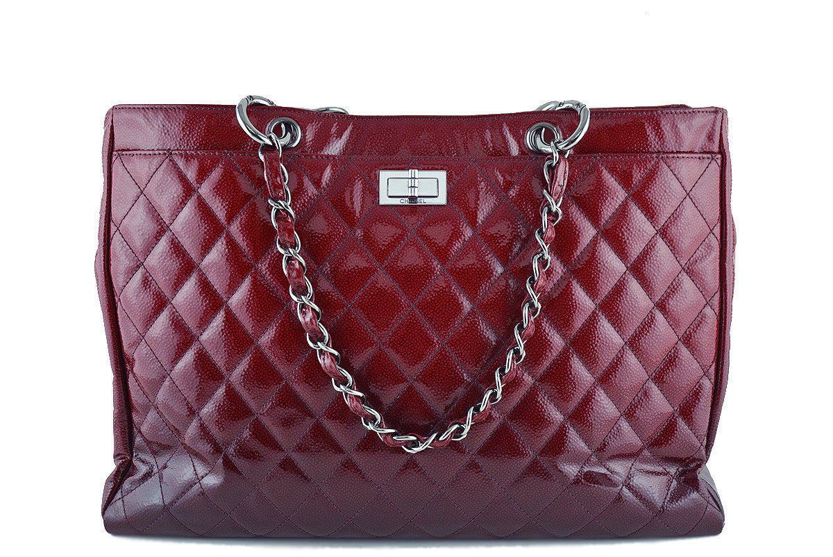 Chanel Red Ombre Patent Quilted Caviar Diamond Shine XL Shopper Tote Bag