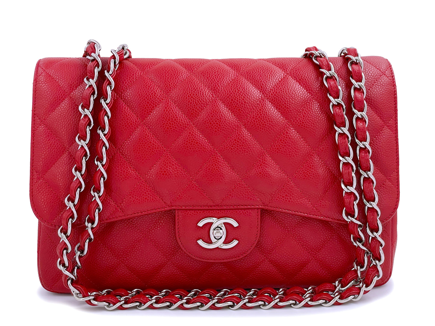 Chanel 10C Red Caviar Jumbo Classic Flap Bag SHW Single