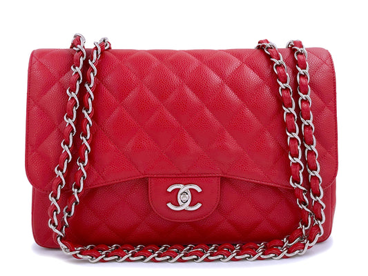 Chanel 10C Red Caviar Jumbo Classic Flap Bag SHW Single