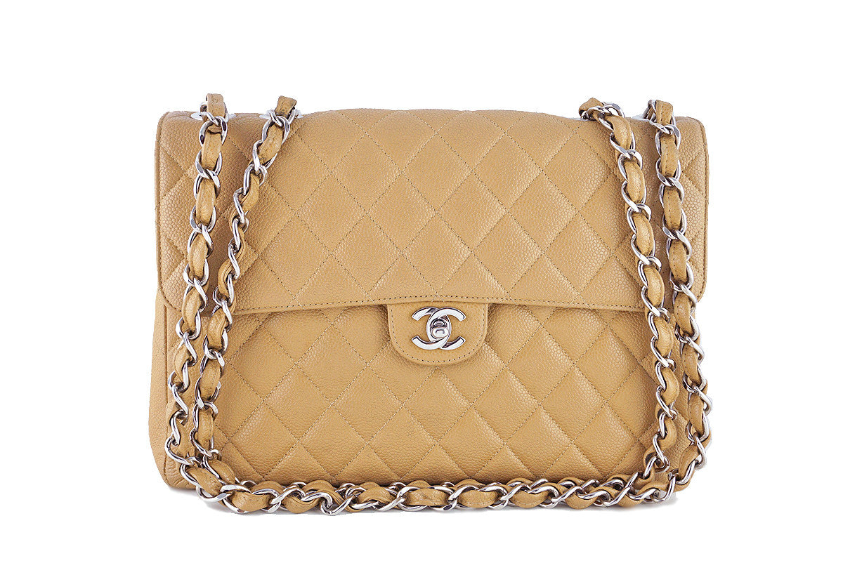 Chanel Camel Beige Caviar Jumbo Quilted Classic 2.55 Flap Bag