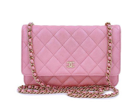 NIB 19S Chanel Iridescent Pink Caviar Classic Wallet on Chain WOC Bag GHW