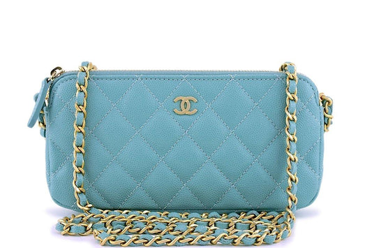 New 18C Chanel Irisdescent Blue Caviar Double Zip Wallet on Chain Clutch WOC Bag