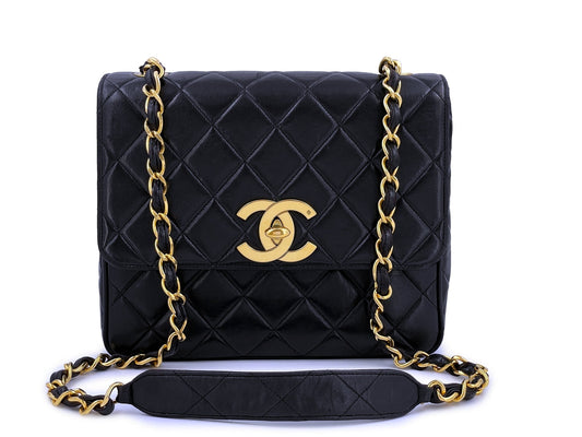 Chanel Vintage Black Tall Medium Classic Flap Bag Messenger 24k GHW