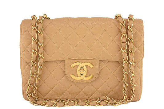 Chanel Camel Beige Caviar Vintage Jumbo Classic 2.55 Flap Bag