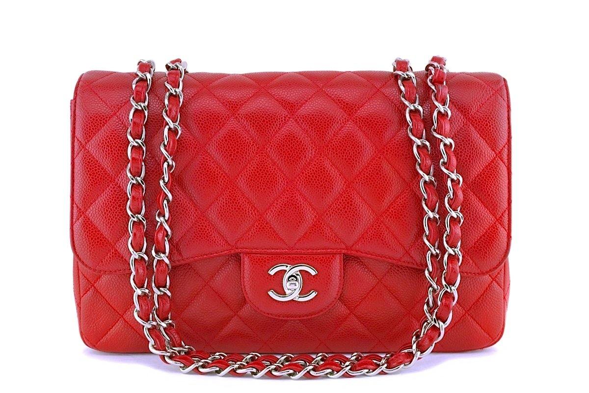 Rare 10C Chanel Red Caviar Jumbo Classic Flap Bag SHW