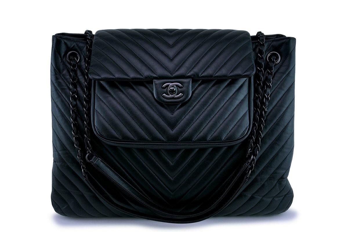 Rare 15S Chanel So Black Chevron Classic Large Shopper Flap Tote Bag 2ON