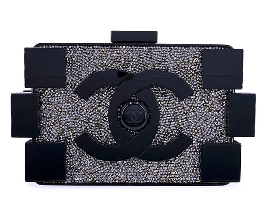 Chanel Lego Minaudière Strass Crystal Black Clutch Bag RHW 2013 Plexiglass ECY